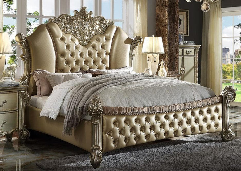 Acme Vendome II King Upholstered Bed with Button Tufted Headboard in Bone/Gold Patina 28027EK - Ornate Home