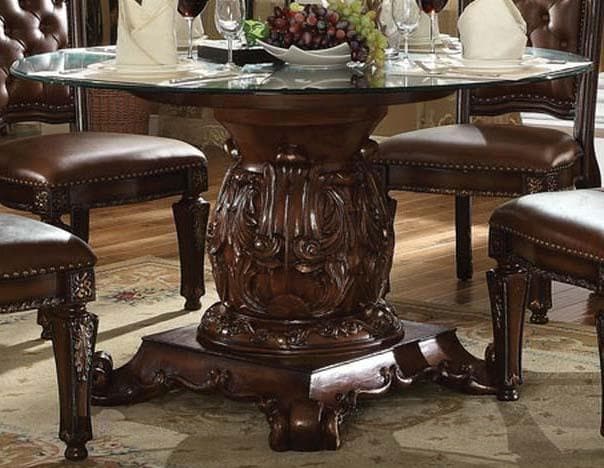 Acme Vendome Single Pedestal Dining Table with 54" Tempered Glass Top in Cherry 62010 - Ornate Home