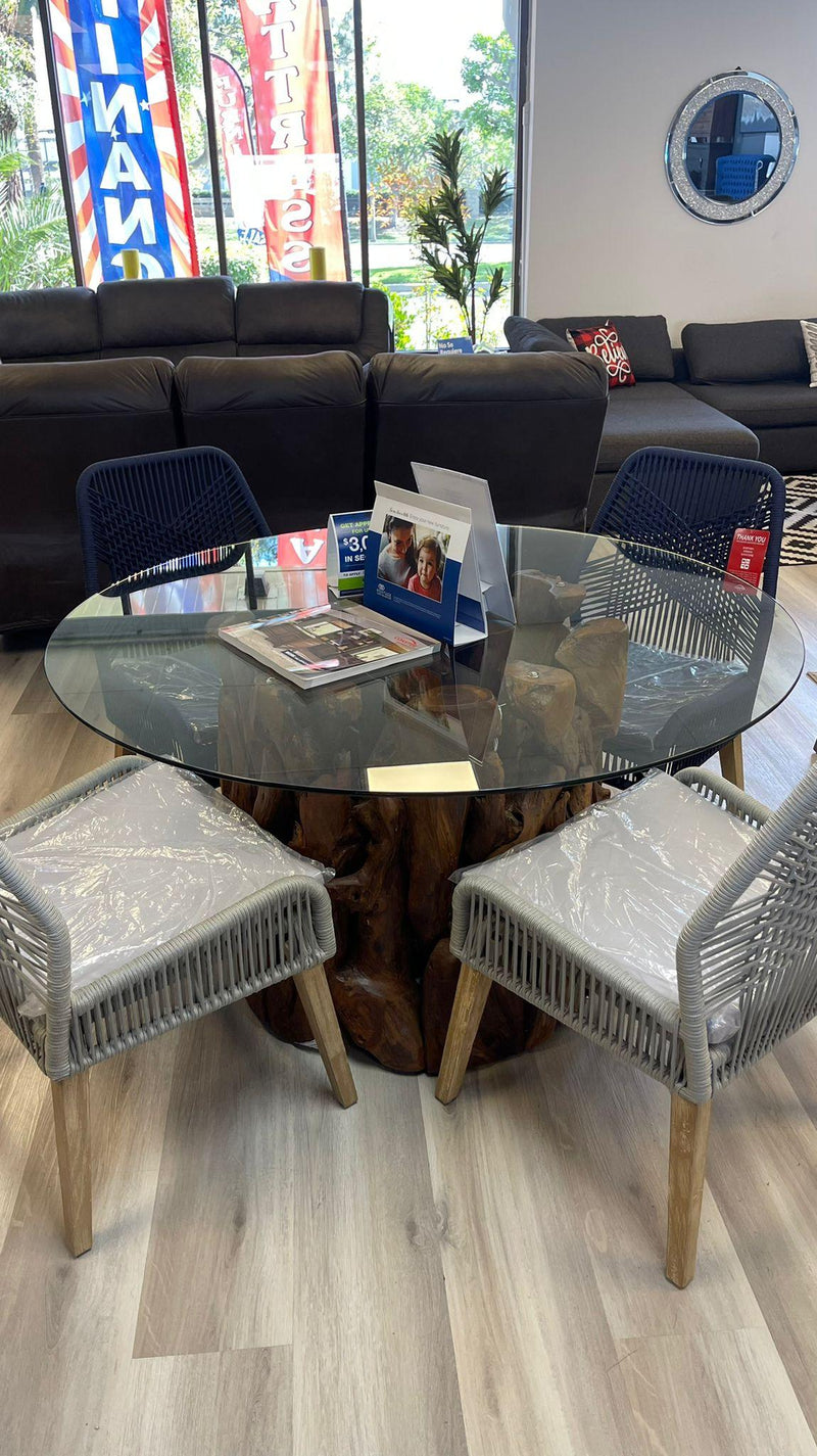 Asbury Natural Teak Dining Table w/Clear Tempered Glass Top w/Chair Option - Ornate Home