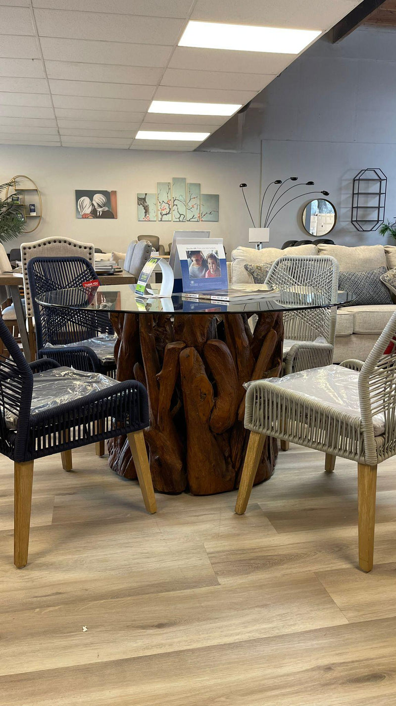 Asbury Natural Teak Dining Table w/Clear Tempered Glass Top w/Chair Option - Ornate Home