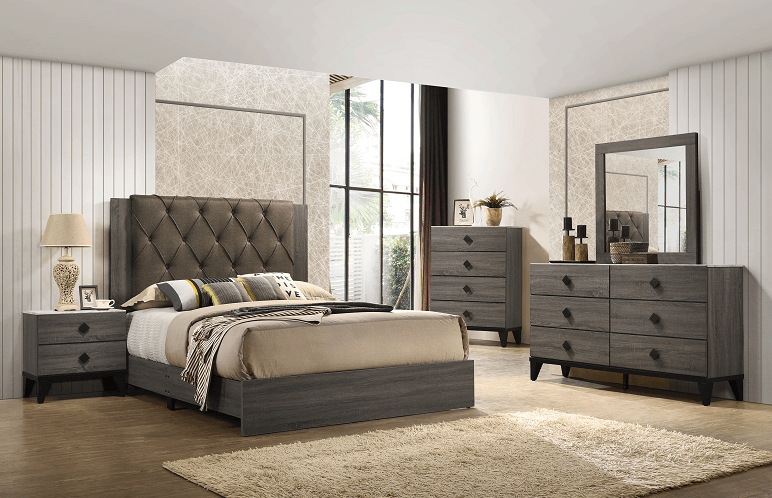 Avantika Fabric & Rustic Gray Oak Eastern King Bed - Ornate Home