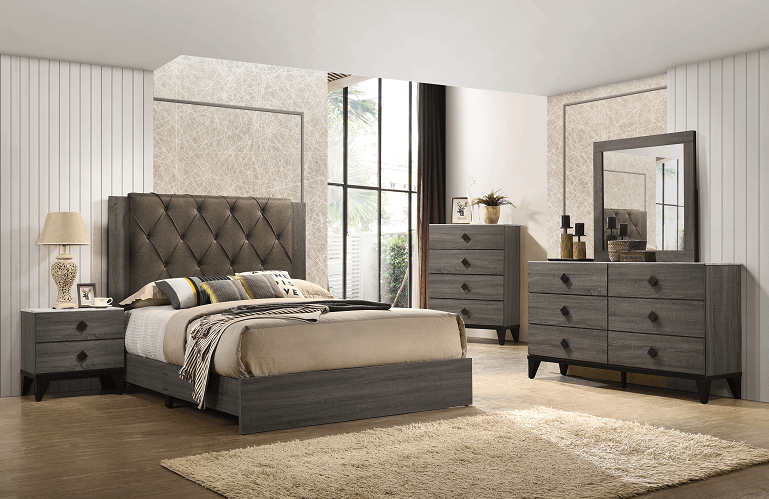 Avantika Fabric & Rustic Gray Oak Queen Bed - Ornate Home