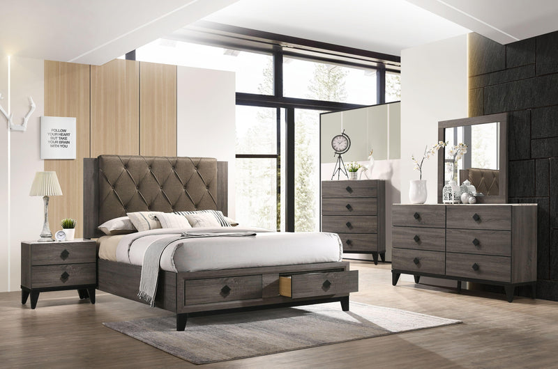 Avantika Fabric & Rustic Gray Oak Queen Bed (Storage) - Ornate Home