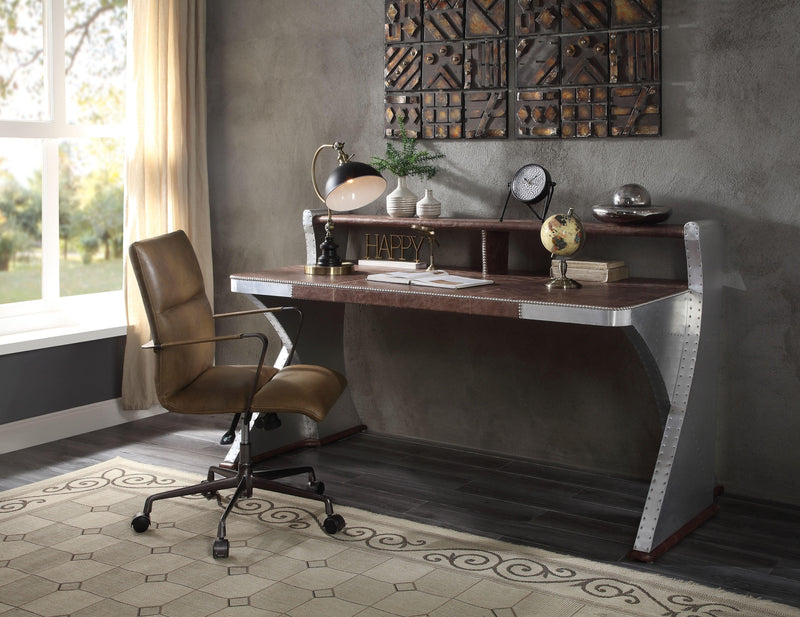 Brancaster Retro Brown Top Grain Leather & Aluminum Desk - Ornate Home