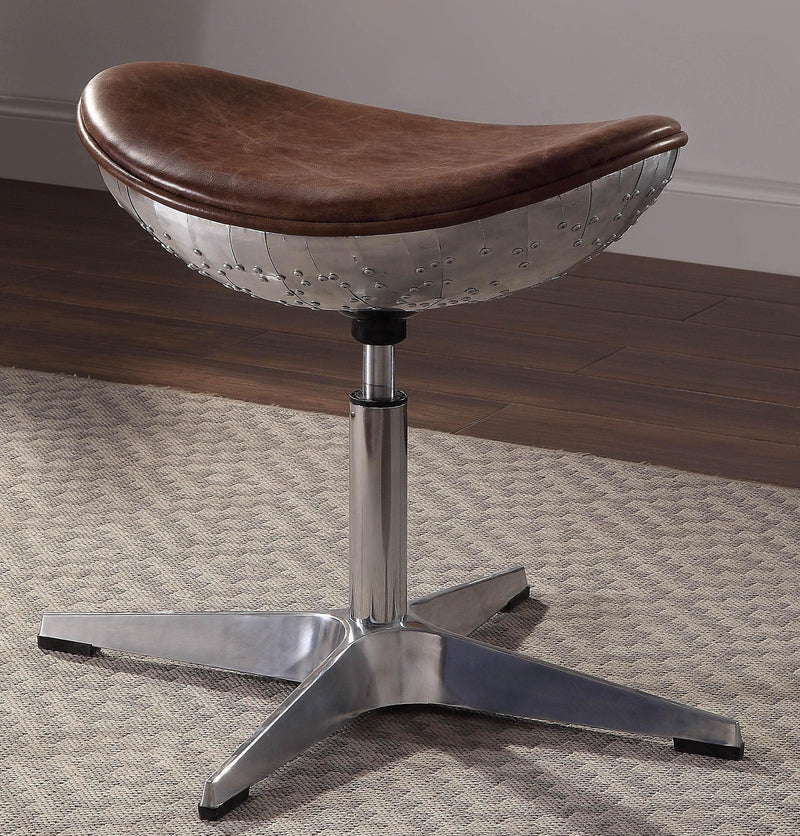 Brancaster Retro Brown Top Grain Leather & Aluminum Stool - Ornate Home