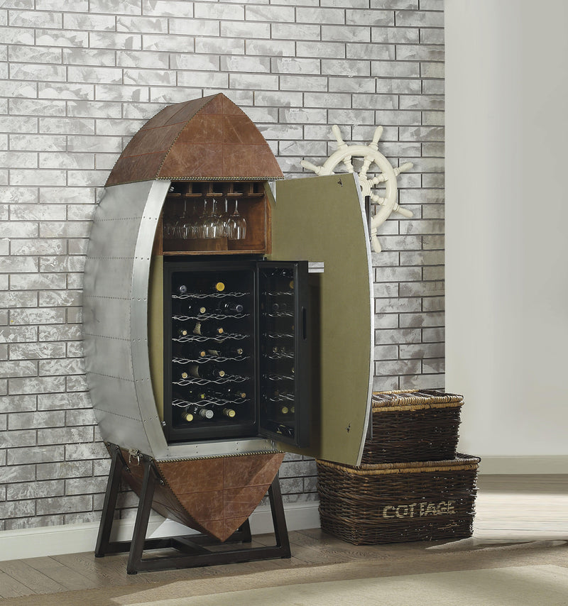 Brancaster Retro Brown Top Grain Leather & Aluminum Wine Cabinet & Cooler - Ornate Home