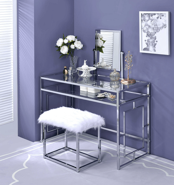 Carenze II White Faux Fur & Chrome Vanity Set - Ornate Home