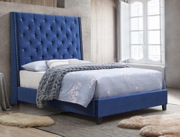 Chantilly Blue Velvet Upholstered Queen Bed - Ornate Home