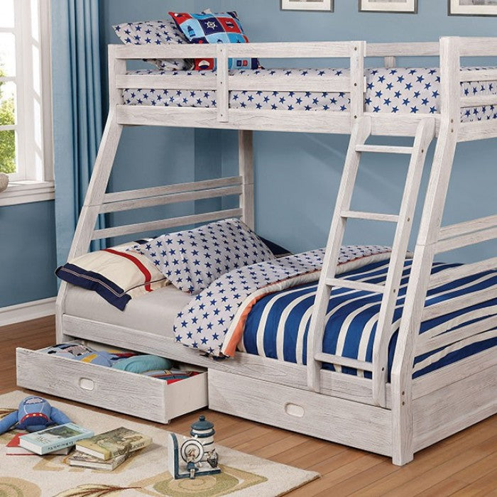 California Wire-Brushed White Twin/Full Bunk Bed w/ 2 Drawers