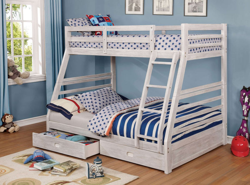 California Wire-Brushed White Twin/Full Bunk Bed w/ 2 Drawers