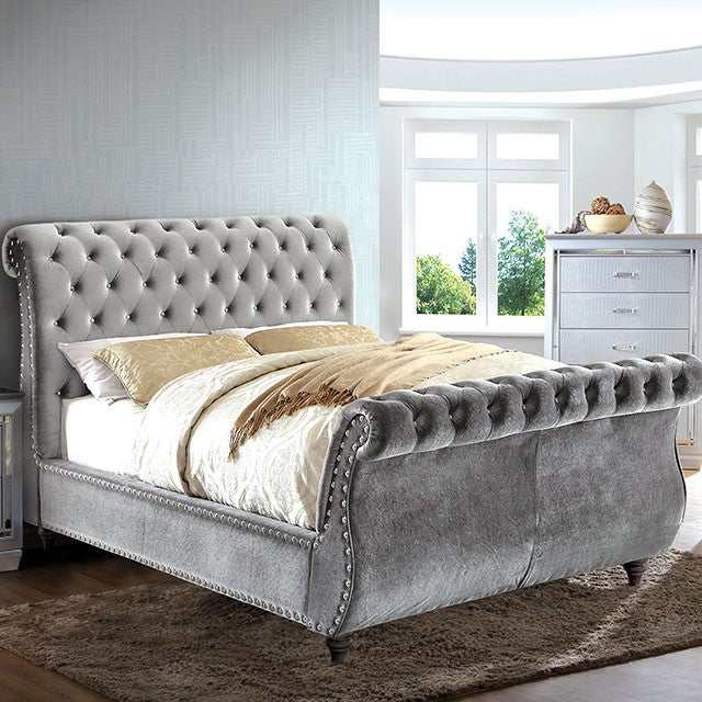 Noella - Gray Velvet - E. King/King Sleigh Bed - Ornate Home