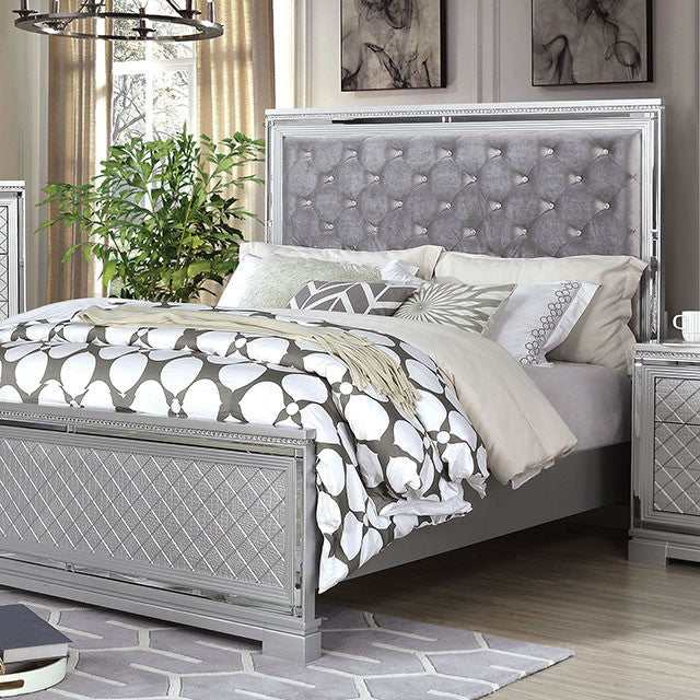 Belleterre - Gray/Silver & Mirrored - 4pc Queen Panel Bedroom Set - Ornate Home