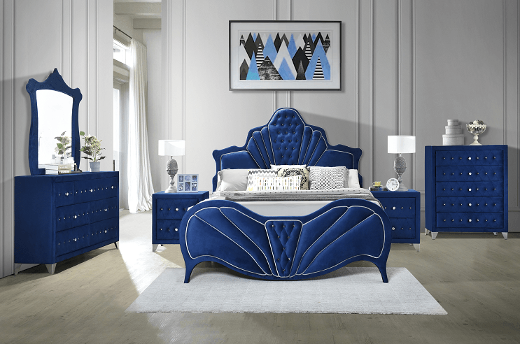 Dante - Blue Velvet - Eastern King Bed - Ornate Home