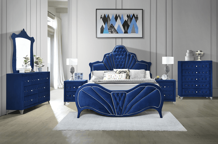 Dante - Blue Velvet - Queen Bed - Ornate Home