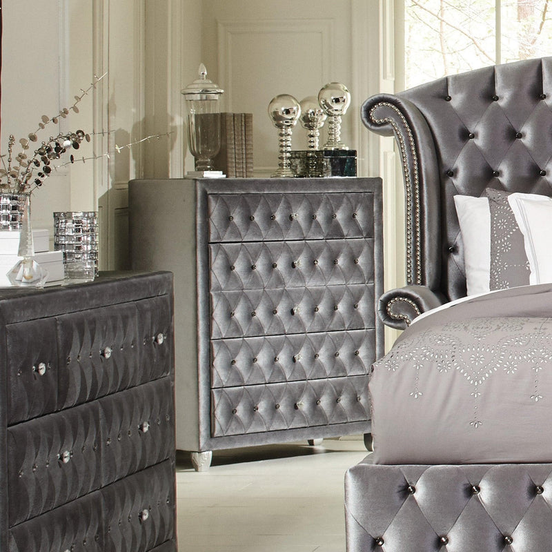 Deanna - Grey Velvet - 5pc Queen Panel Bedroom Set - Ornate Home