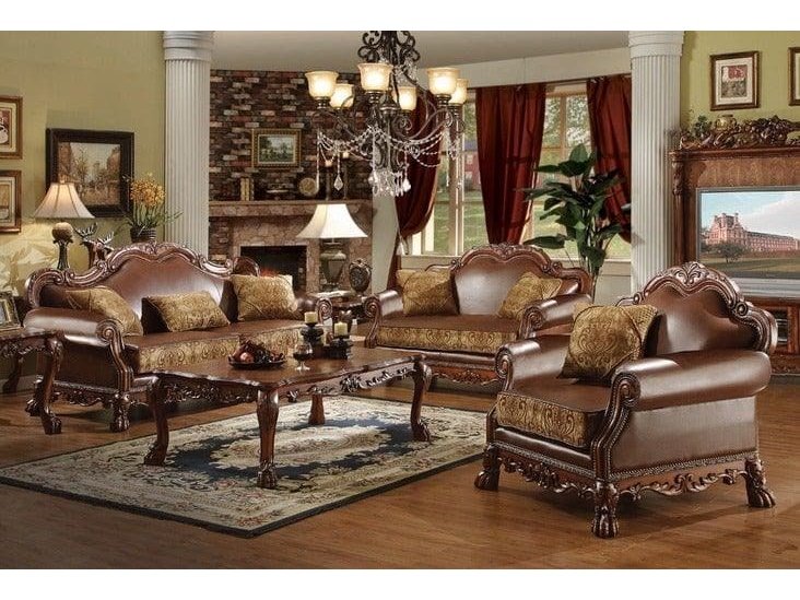 Dresden Brown PU & Chenille, Cherry Oak 3-Piece Living Room Set - Ornate Home