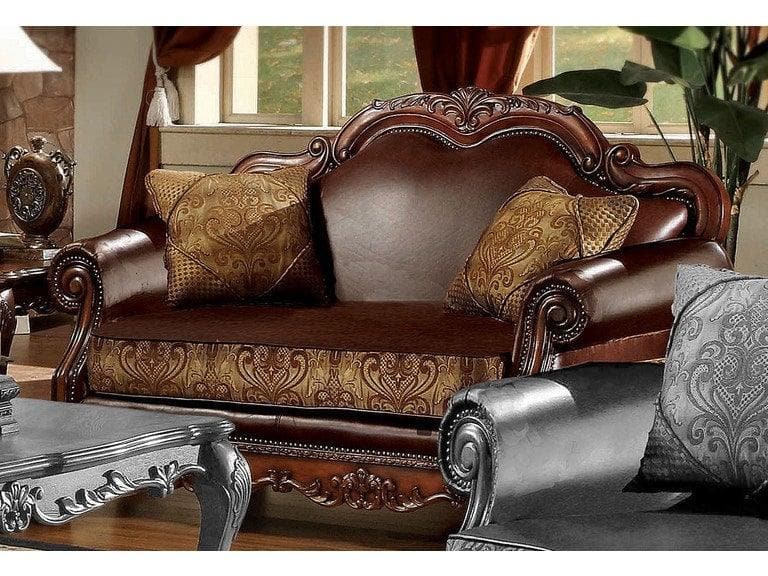 Dresden Brown PU & Chenille, Cherry Oak Loveseat w/2 Pillows - Ornate Home