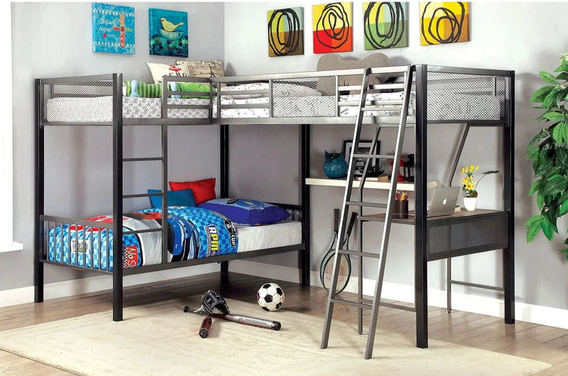 Ballarat Silver Gray L-shaped Triple Twin Bunk Bed w/ Desk