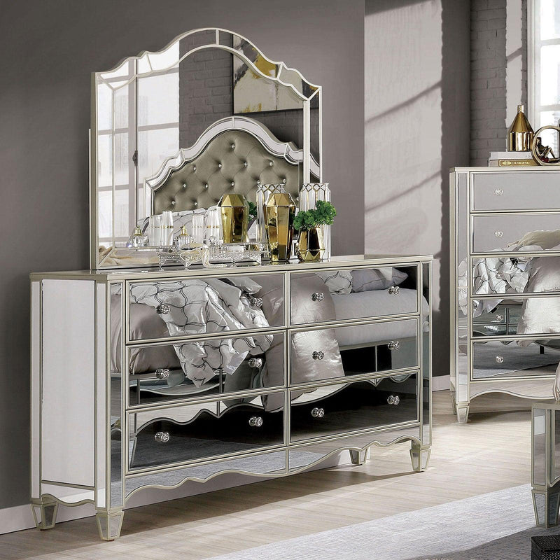 Eliora - Silver & Mirrored - 4pc Queen Bedroom Set - Ornate Home