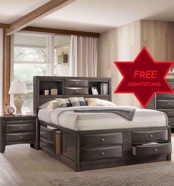 Emily Gray Queen Storage Platform Bed w/ Free Nightstand - Ornate Home