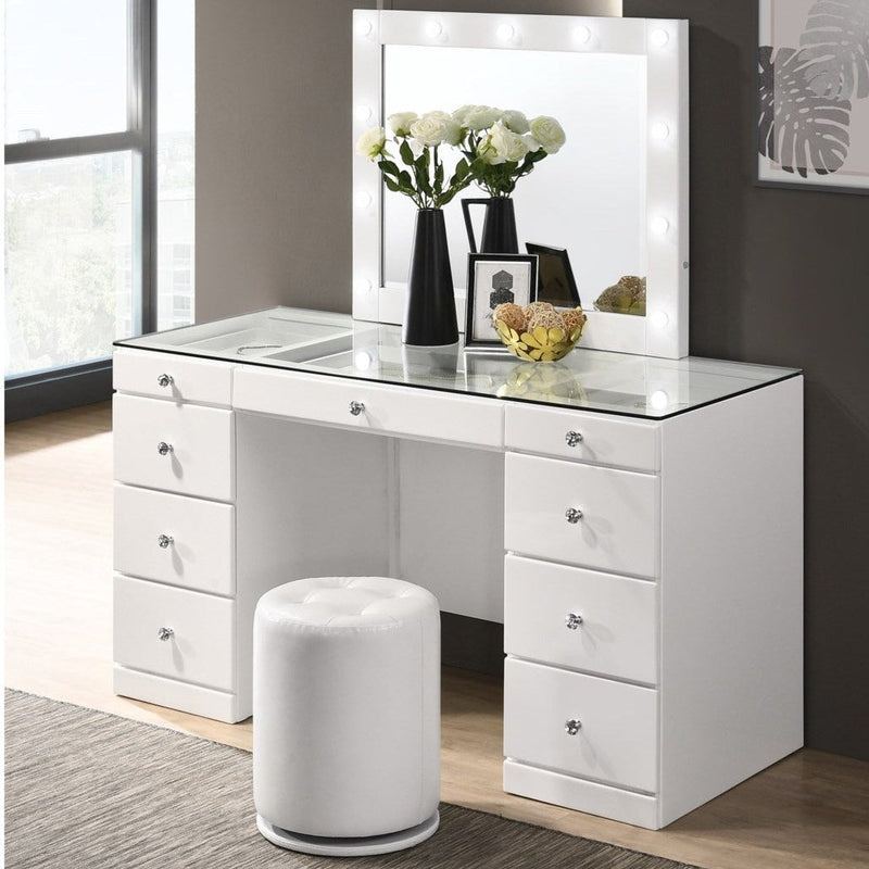 Avery White Vanity Set w/LED Mirror & Stool