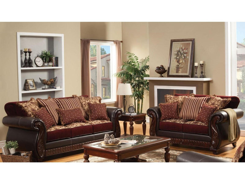 Franklin - Burgundy & Espresso - Stationary Sofa & Loveseat - 2pc - Ornate Home