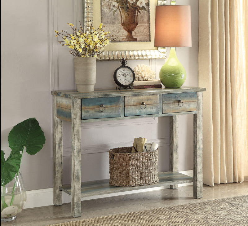 Glancio Antique White & Teal Console Table - Ornate Home