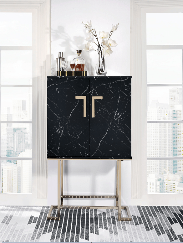 Hendrix Black Faux Marble & Champagne Wine Cabinet - Ornate Home