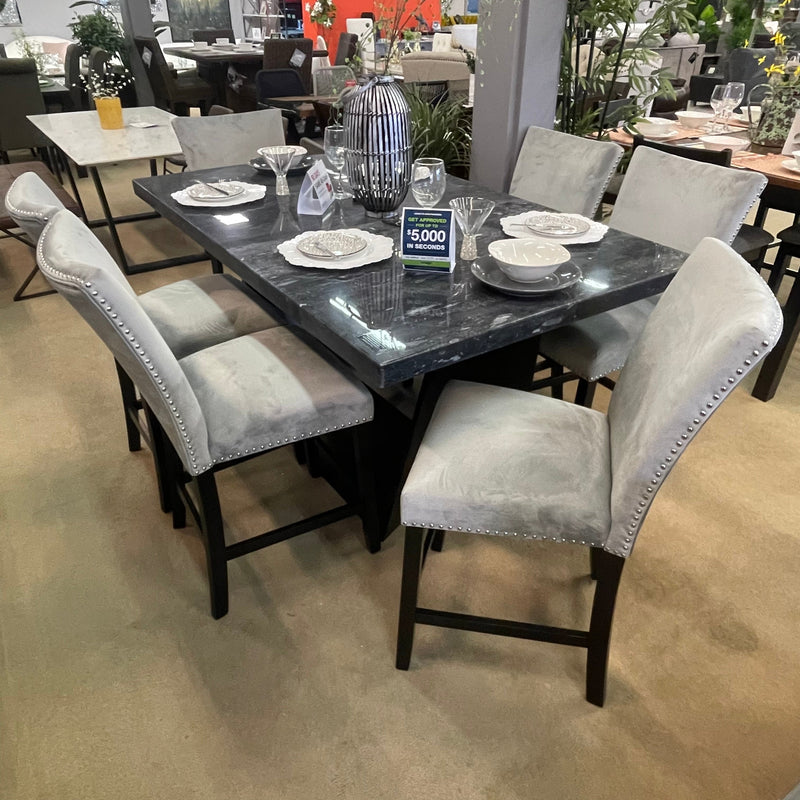 Opheim Genuine Marble Top/Black & Gray Counter Height Dining Set / 7pc