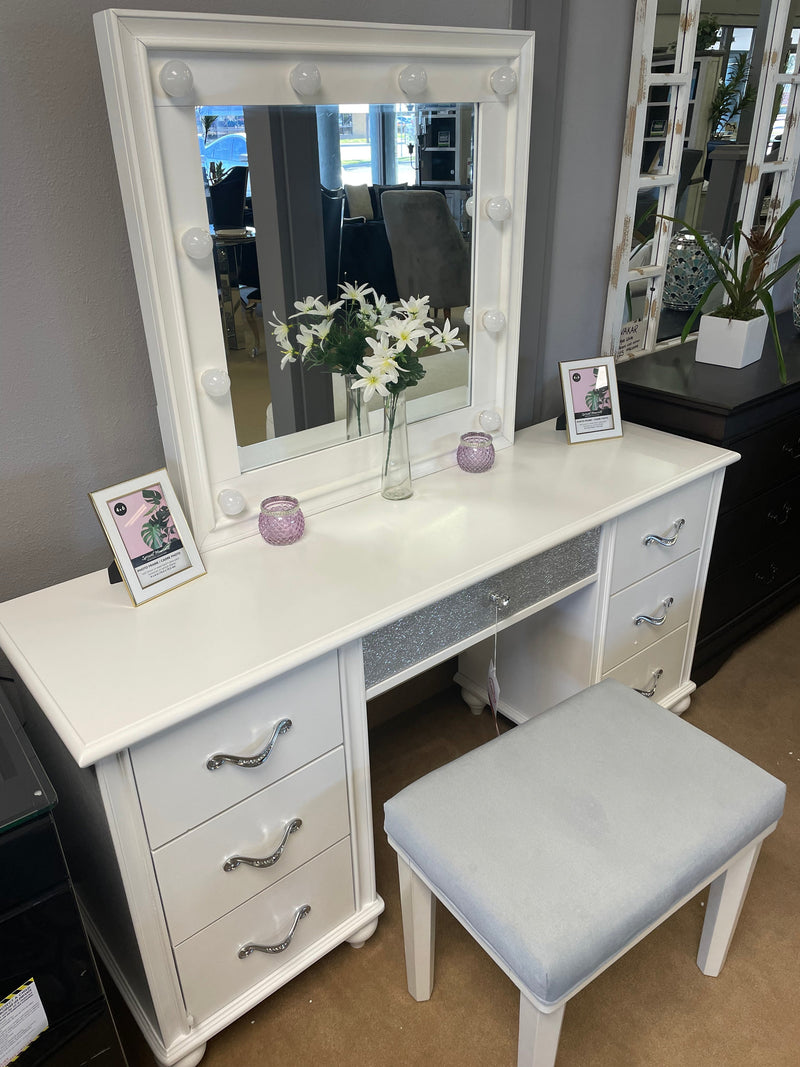 Barzini White 7 Drawer Vanity Desk w/ Lighted Mirror