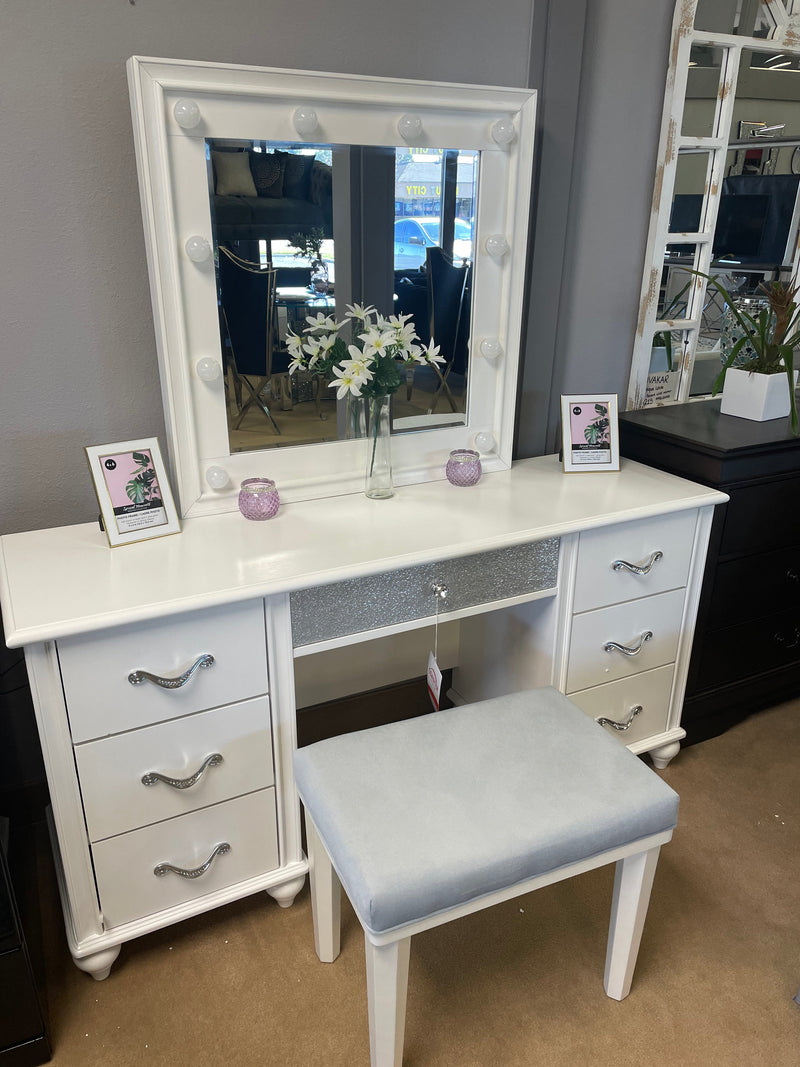 Barzini White 7 Drawer Vanity Desk w/ Lighted Mirror