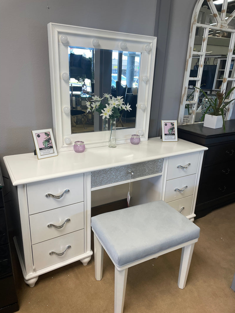 Barzini White 7 Drawer Vanity Desk w/ Lighted Mirror