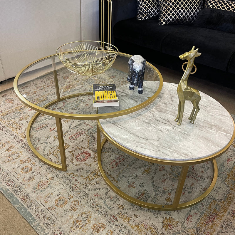 Shanish Nesting Table Set (2Pc) Faux Marble/Glass & Gold