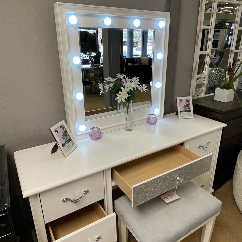 Barzini White 7 Drawer Vanity Desk w/ Lighted Mirror