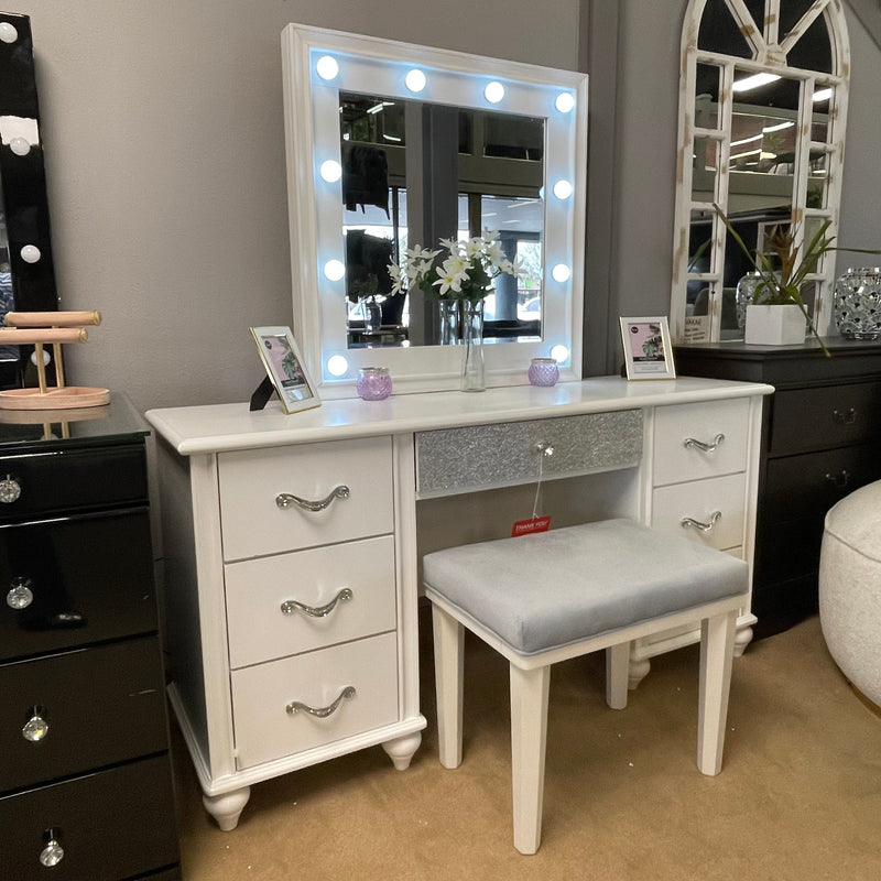 Barzini White 7 Drawer Vanity Desk w/ Lighted Mirror