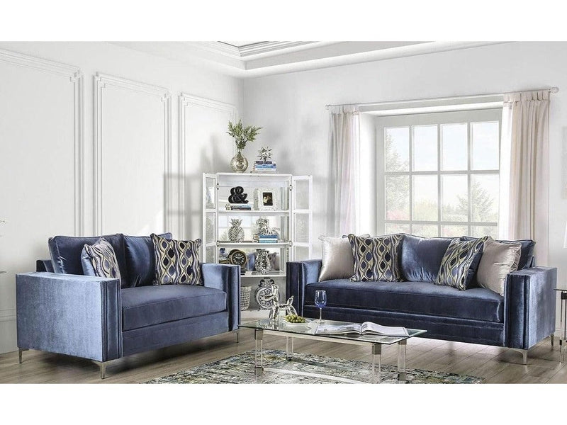 Jodie - Satin Blue & Silver - Stationary Sofa & Loveseat - 2pc - Ornate Home