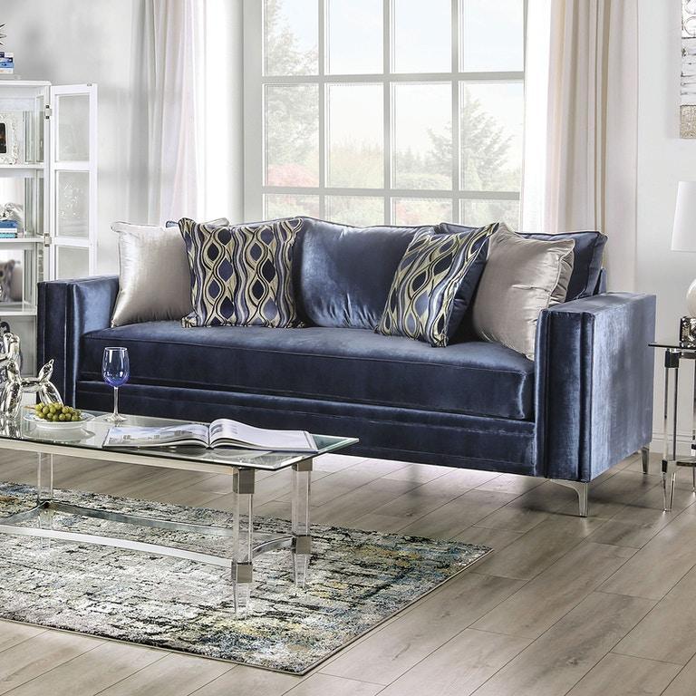 Jodie - Satin Blue & Silver - Stationary Sofa & Loveseat - 2pc - Ornate Home