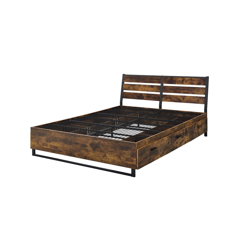 Juvanth - Rustic Oak & Black Finish - Bed Frame w/6 Storage Drawers - Ornate Home