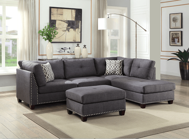 Laurissa Light Charcoal Linen Sectional Sofa & Ottoman (2 Pillows) - Ornate Home