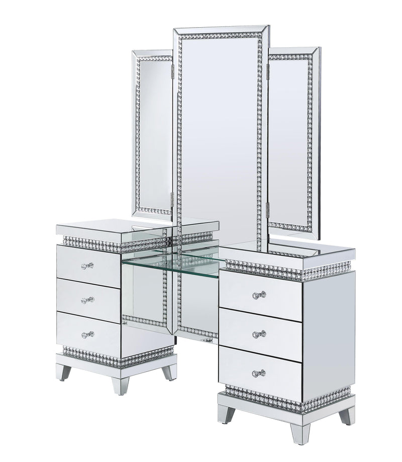 Lotus Vanity Desk - Mirrored & Faux Crystals - Ornate Home