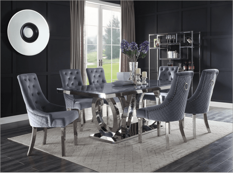 Nasir - Gray Faux Marble & Mirrored Silver - 7pc Dining Room Set - Ornate Home