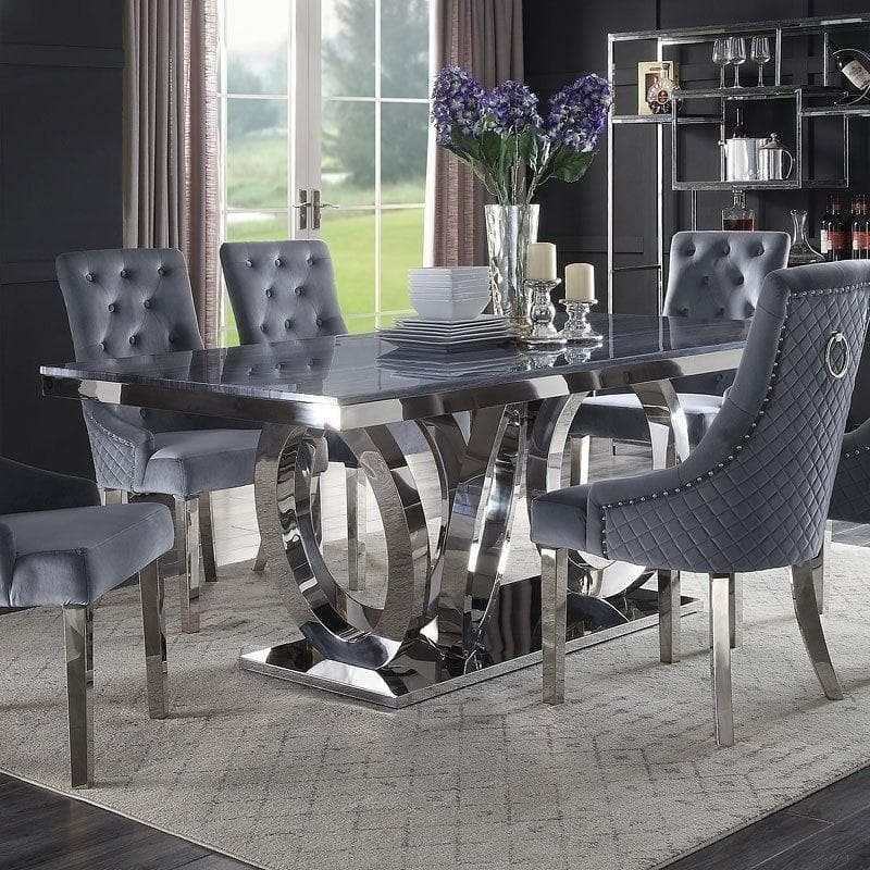 Nasir - Gray Faux Marble & Mirrored Stainless Steel - Dining Table - Ornate Home