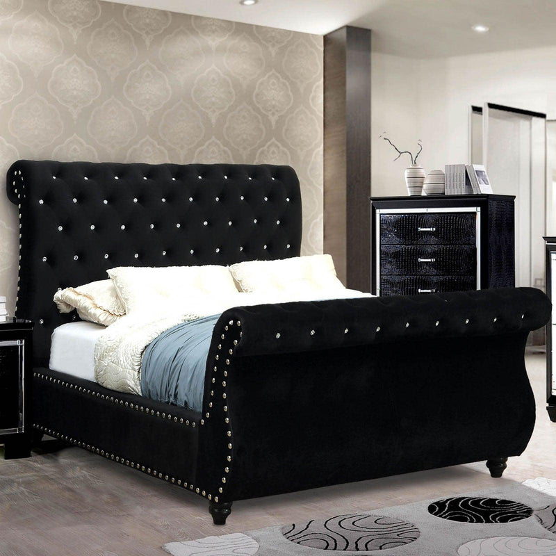 Noella - Black Velvet - Queen Sleigh Bed - Ornate Home