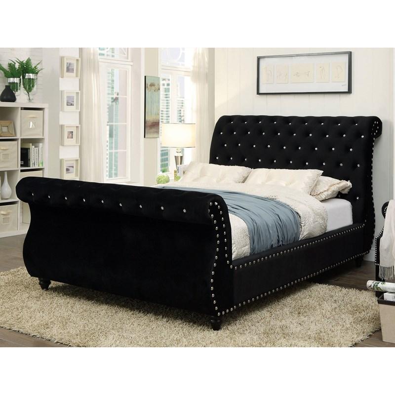 Noella - Black Velvet - Queen Sleigh Bed - Ornate Home