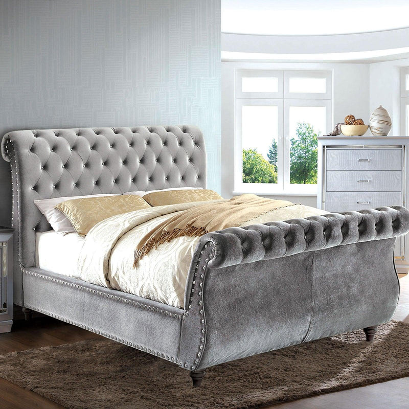 Noella - Gray Velvet - Queen Sleigh Bed - Ornate Home