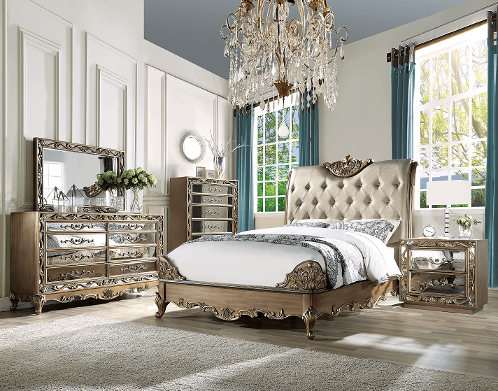 Orianne Champagne PU & Antique Gold California King Bed - Ornate Home