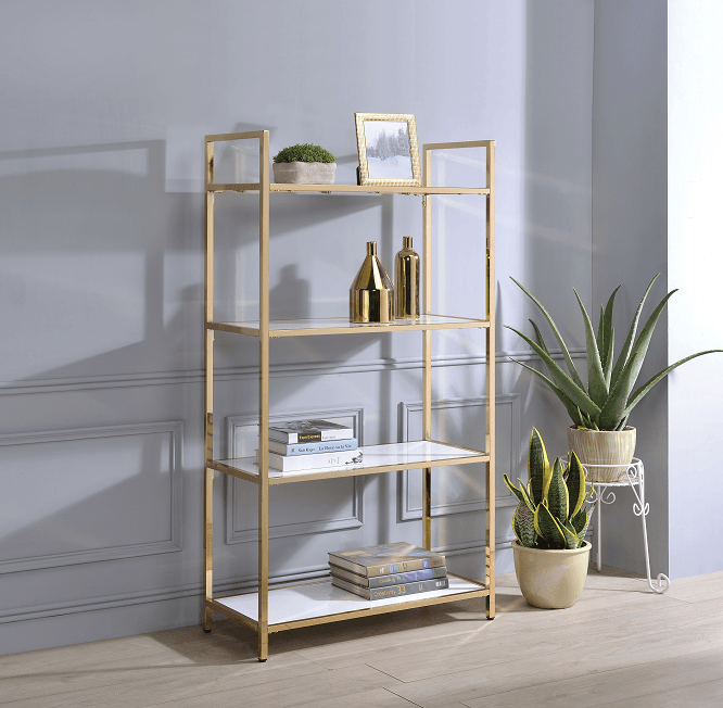 Ottey White High Gloss & Gold Bookshelf - Ornate Home