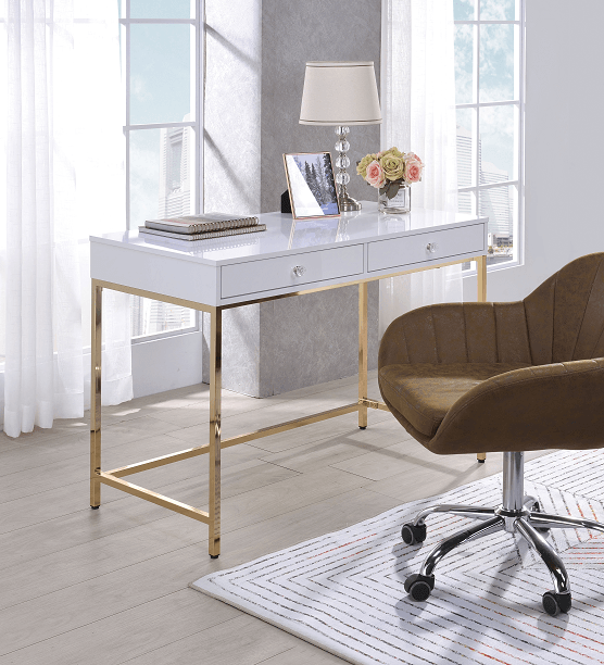 Ottey White High Gloss & Gold Desk - Ornate Home