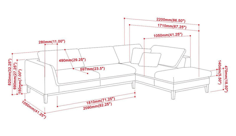 Persia - Grey - L Shape Sectional Sofa w/Chaise - Ornate Home