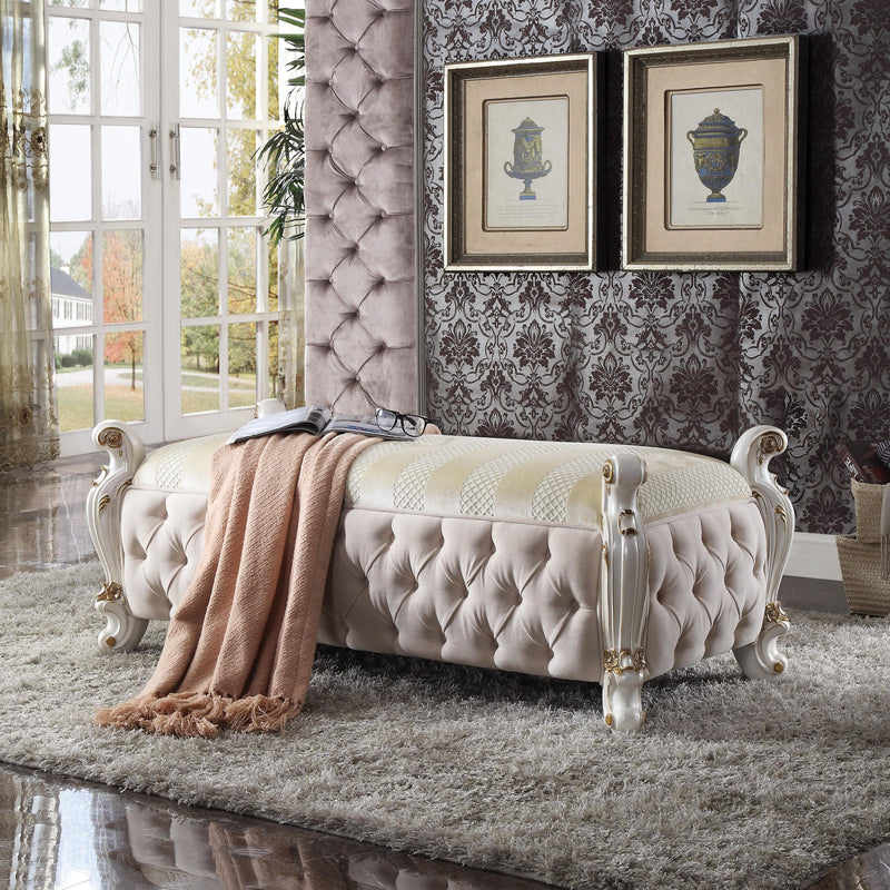 Picardy Fabric & Antique Pearl Bench - Ornate Home